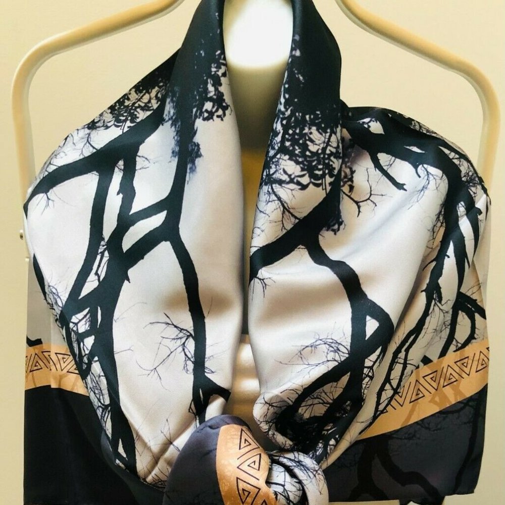 100% SILK SCARF - SILVER/GREY/BLACK- 44" X 44"